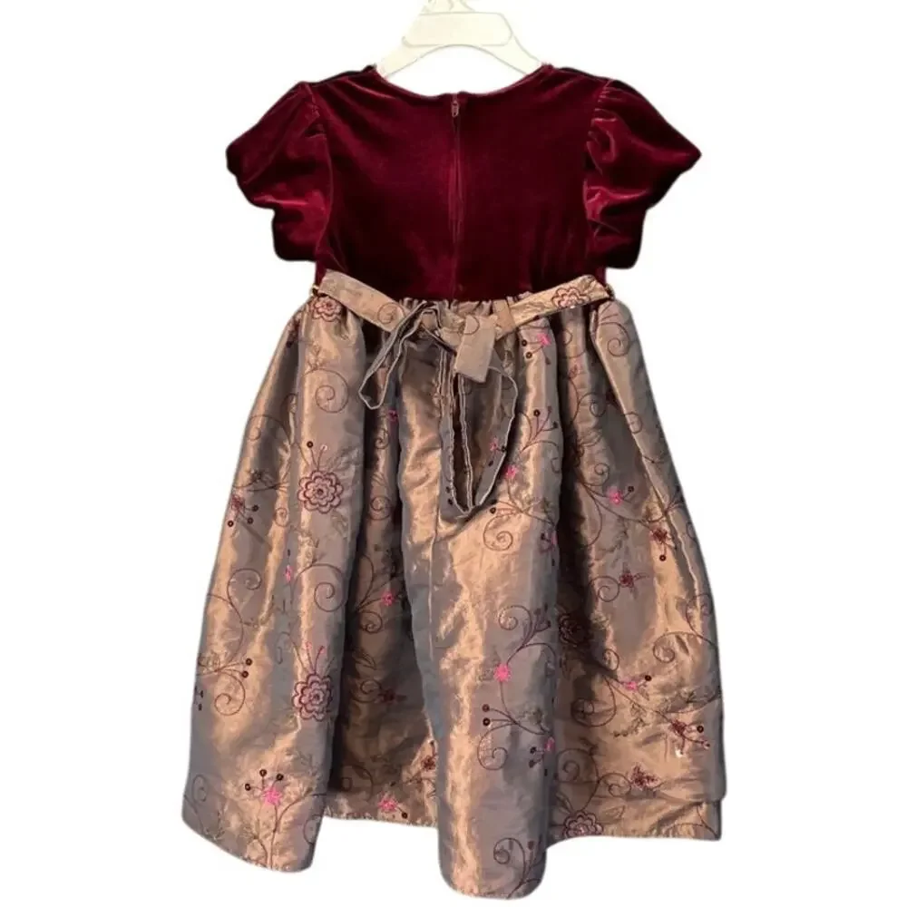 3T Girls Toddlers Redvine Velvet Light Shimmer Brown Floral Embroidery Holiday
